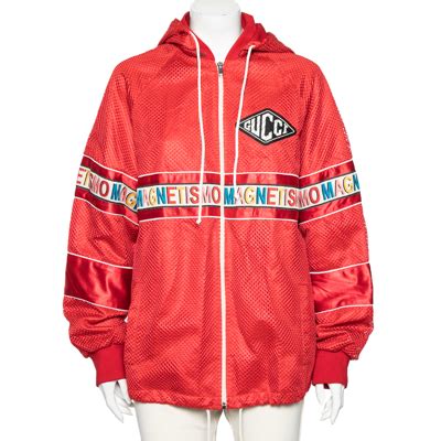 Gucci Womens Red Magnetismo Sports Mesh Hooded Jacket